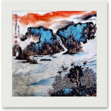 山水画《朝霞轻舟》-张渔樵